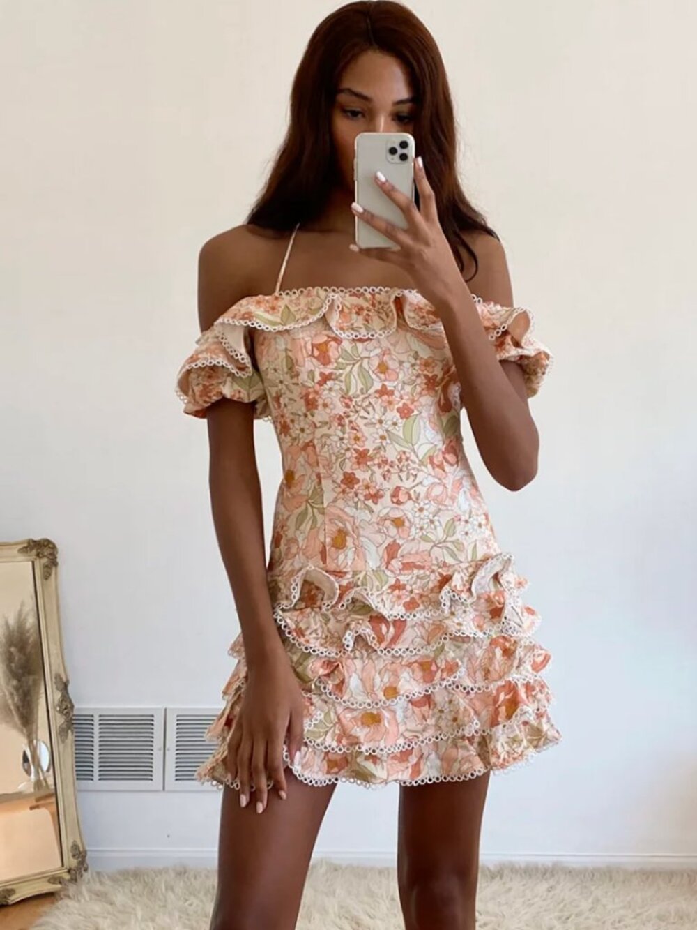 BARDOT Caitlyn Peach Floral Off-the-Shoulder Ruffle Tiered Mini Dress‎ SZ M